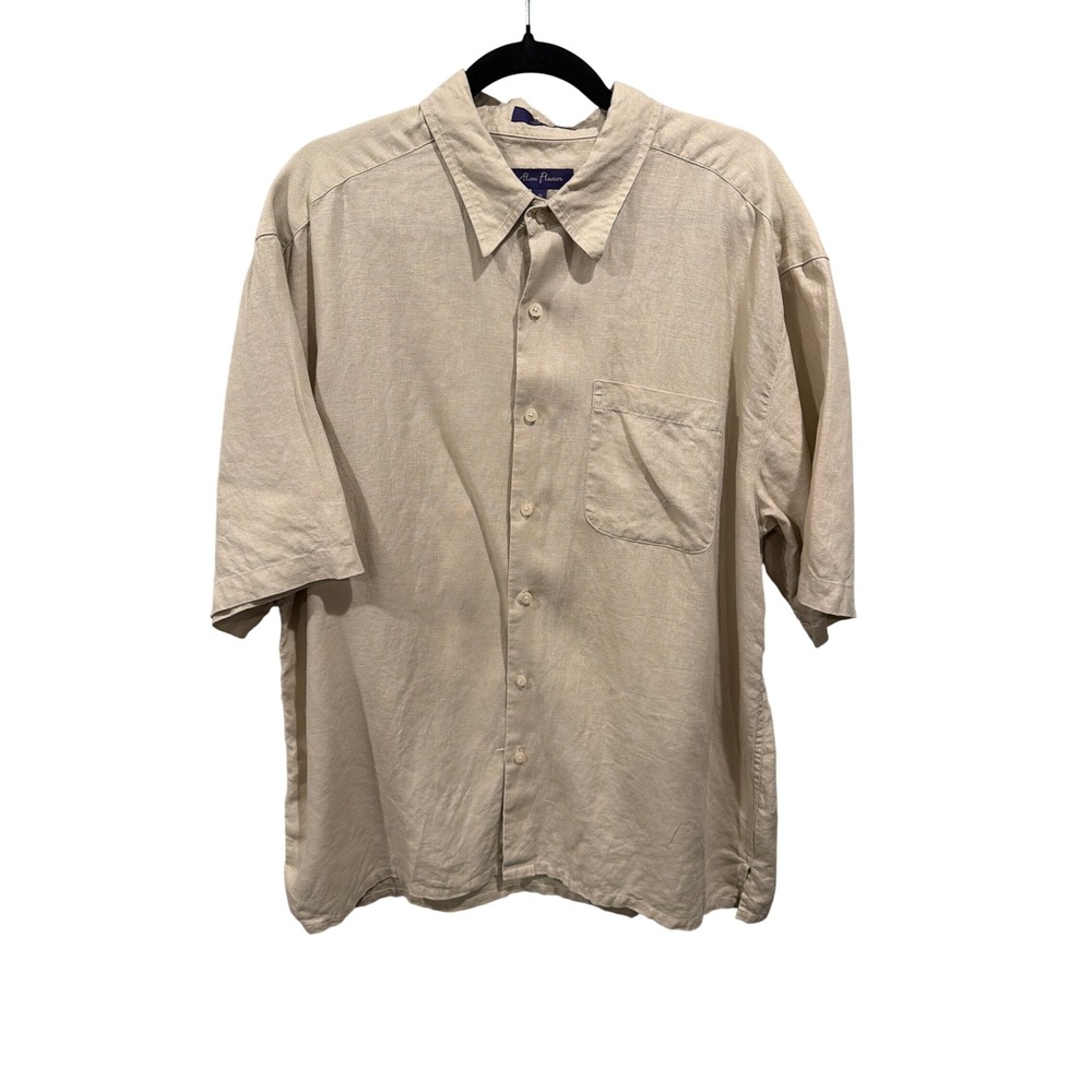 Alan Flusser Button Down Shirt Beige 100% Linen Short Sleeve Relaxed Fit XL
